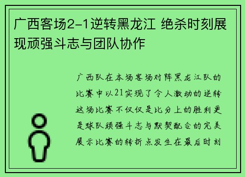 广西客场2-1逆转黑龙江 绝杀时刻展现顽强斗志与团队协作